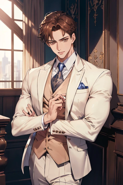 ((masterpiece:1.2, best quality)), 4k, 1man, adult, mature, handsome, very short hair, forehead, white suit, portrait, extremely detailed face, defined body, light brown eyes, brown hair (muscle:1.4, broad shoulders:1.4, disciplined body)