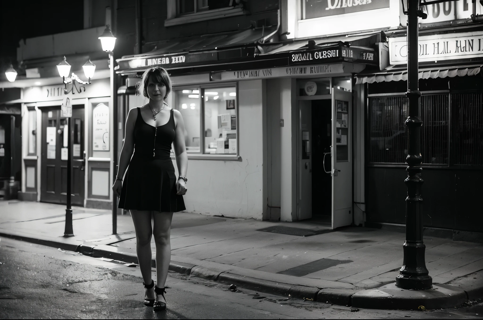 (best quality, 4k, 8k, highres, masterpiece:1.2), ultra-detailed, (realistic, photorealistic, photo-realistic:1.37), black and white photography, full body photo, 1920s, American old harlot, a 53 years old strumpet, a hooker waits for customers in front of an old 20s-style brothel. she wears a dark miniskirt and a light sleeveless knotted shirt. black high-heels. Perfect simmetrical face. The street at night is illuminated by a lamppost. A black and white photo. in an old brothel 20s style, direct eye contact, long hair, beautiful, retro style, vintage fashion, realistic hands. Far Wide angle. (Old style postcard image)