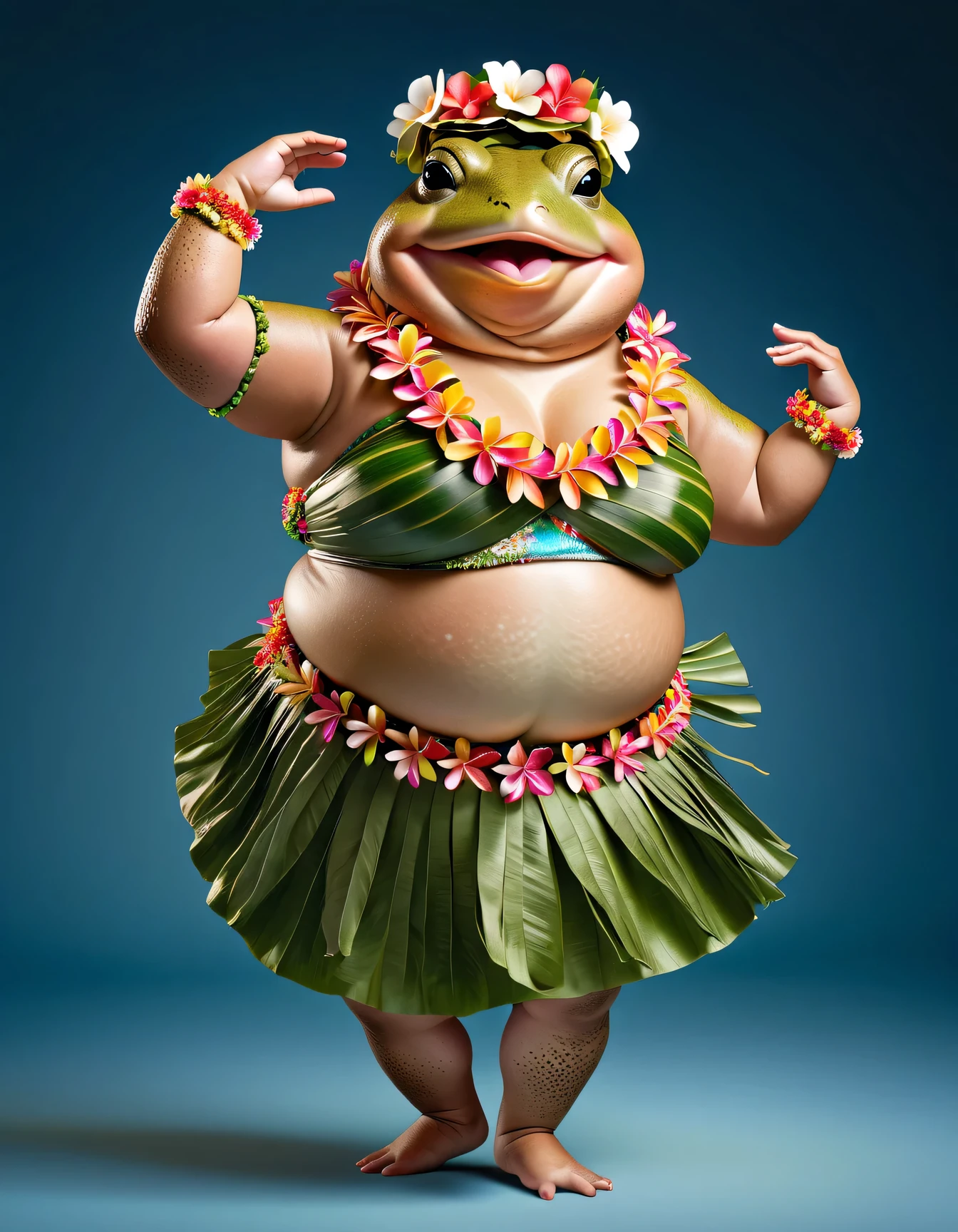photorealistic portrait of Dressed animals - a ((fat)) toad hula dancer,(hula dancing:2.0), (stretching arms :1.5),high quality,(lovely) ,intricate details, highly detailed ((female hula dance costume)) ,highly detailed decorations, wearing flower lei and (bikini), (happy), studio lighting,(full body image:1.5),simple background,(looking to the side:1.5)