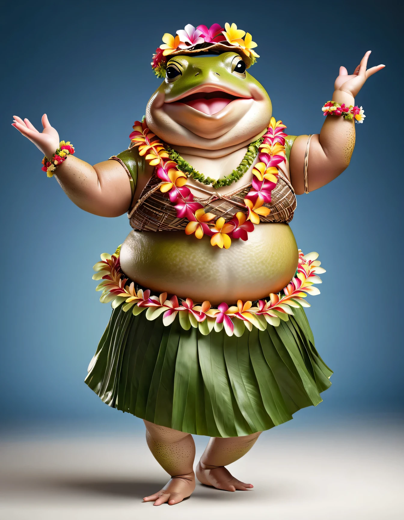 photorealistic portrait of Dressed animals - a ((fat)) toad hula dancer,(hula dancing:2.0), (reaching arms to the side:1.5),high quality,(lovely) ,intricate details, highly detailed ((female hula dance costume)) ,highly detailed decorations, wearing flower lei and (bikini), (happy), studio lighting,(full body image:1.5),simple background,(looking to the side:1.5)