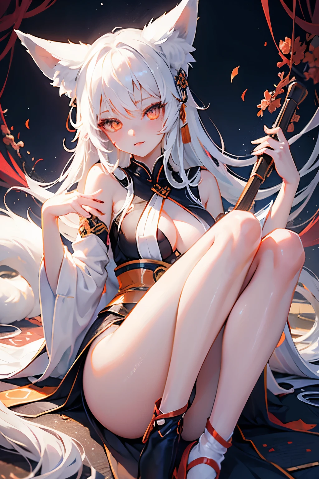 Spirit fox, sexy, bright eyes, white hair, fox ears, loom at viewer, beatifull girl, seductive gaze, sexy pose, orange eyes, fox eyes, eyeliner, japanese clothing, perfect girl, bauty girl, sexy girl, good body.