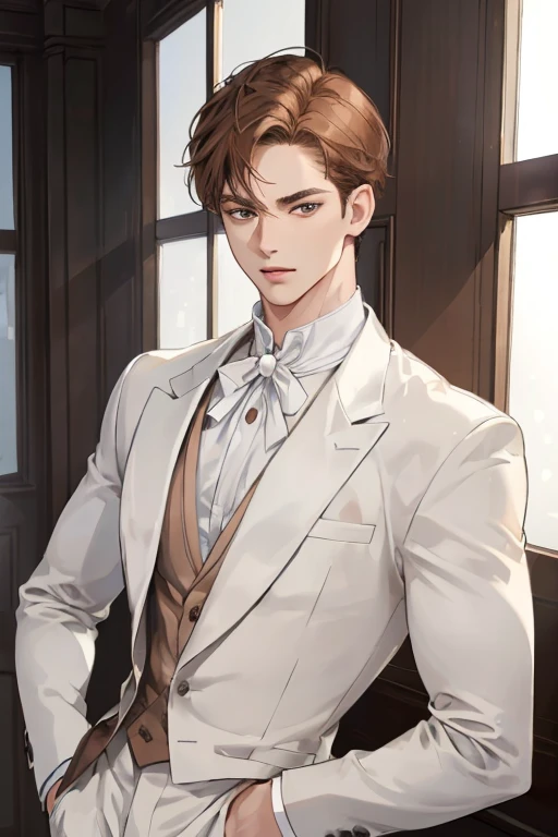 ((masterpiece:1.2, best quality)), 4k, 1man, adult, mature, handsome, very short hair, forehead, white suit, portrait, extremely detailed face, defined body, light brown eyes, brown hair (muscle:1.4, broad shoulders:1.4, disciplined body)
