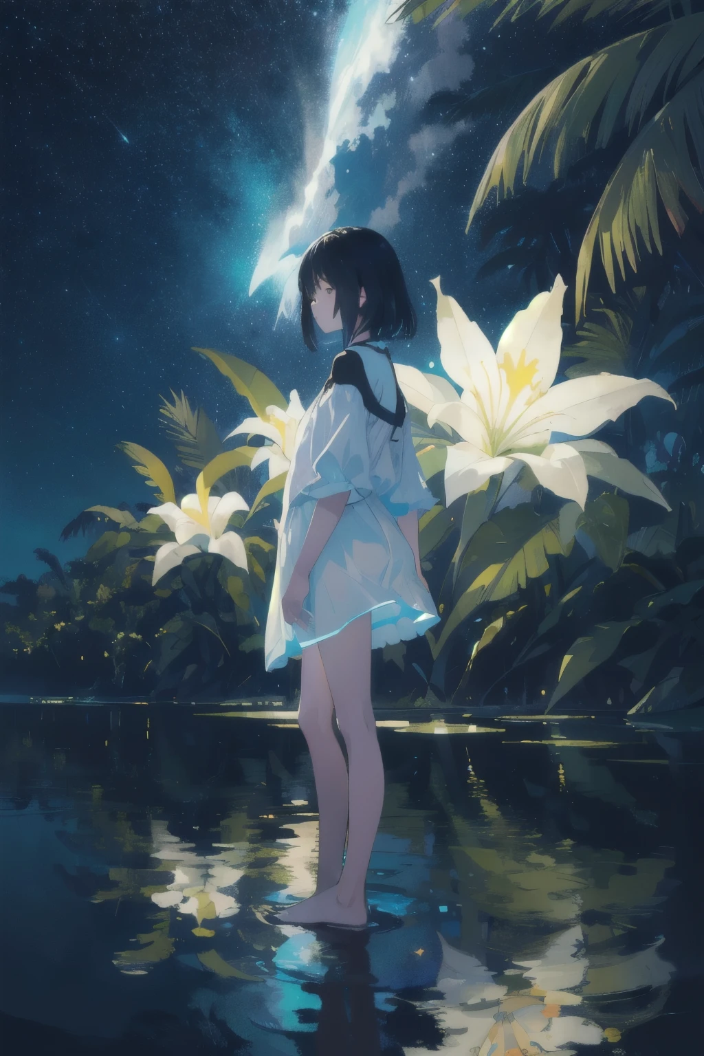 One girl, alone, masterpiece, highest quality, 8k, Standing on the water, Reflective surface, worry free, (Poster:0.76), (Palm leaves), (Rural Village), Sparkly Art Style, White flower, (Neon Black Glow:1.2), night, Dark Theme, Starry Sky, (Bioluminescence), Mysterious, truth, 13