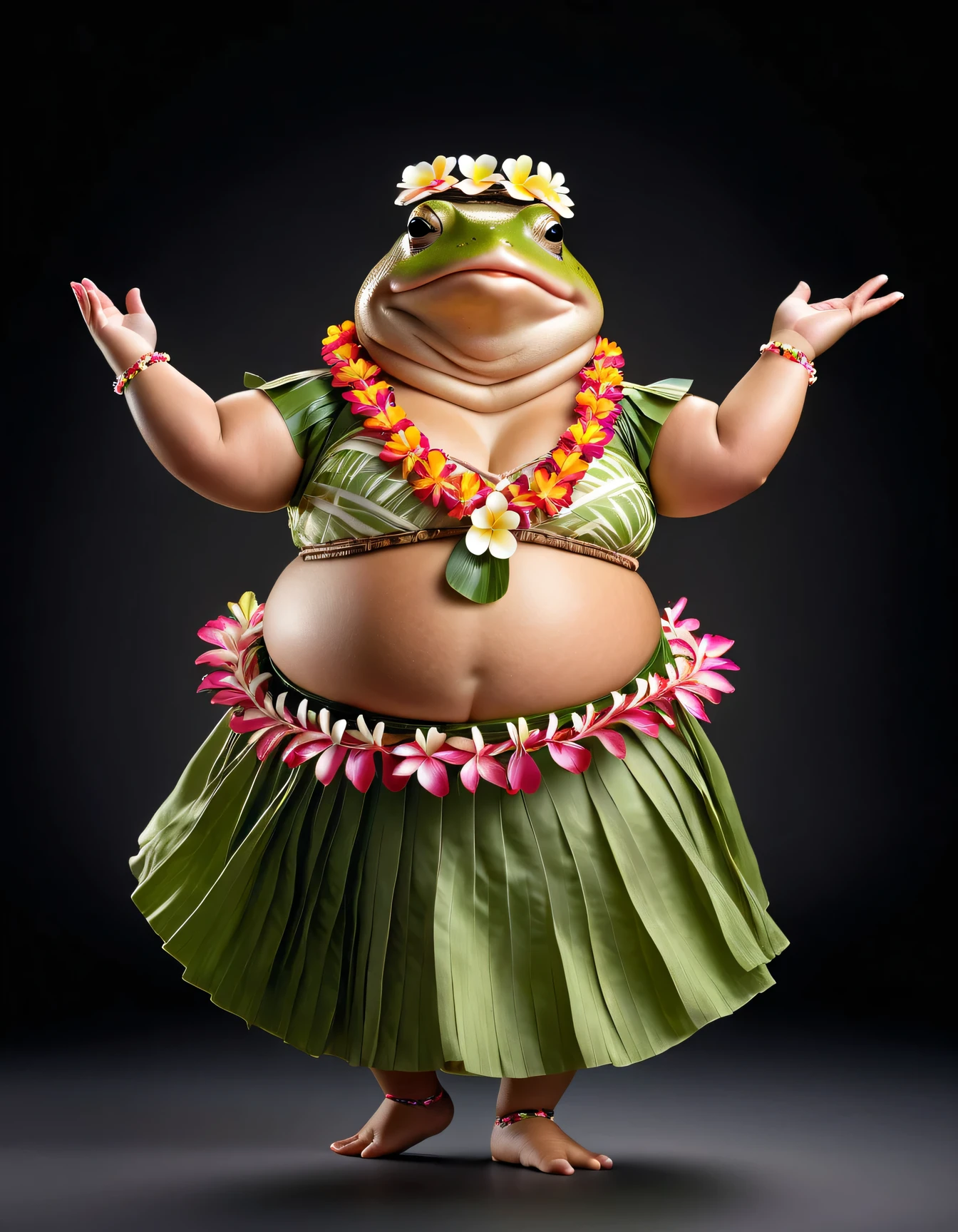 photorealistic portrait of Dressed animals - a ((fat)) toad hula dancer,(hula dancing:2.0), (reaching arms to the side:1.5),high quality,(lovely) ,intricate details, highly detailed ((female hula dance costume)) ,highly detailed decorations, wearing flower lei and (bikini), (happy), studio lighting,(full body image:1.5),simple background,(looking to the side:1.5)