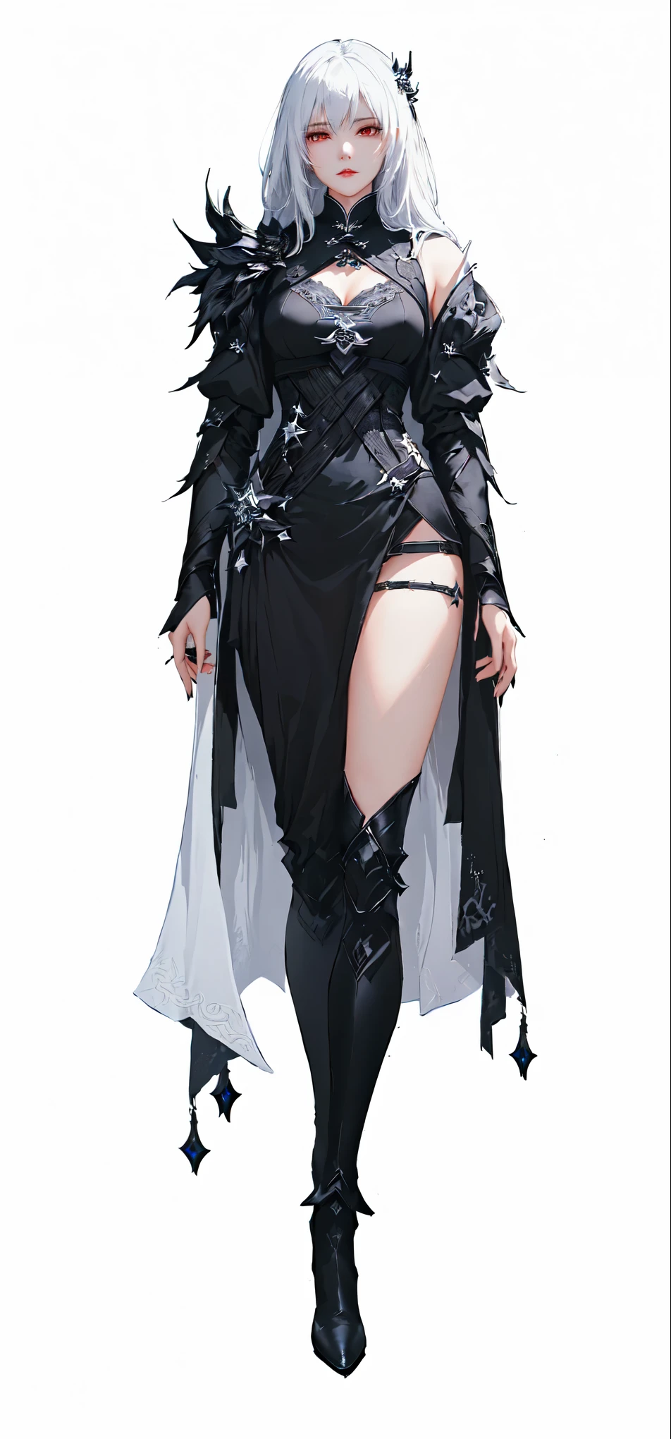 A lady in a black dress and white cape stood there, full body xianxia, Dark witch full body pose, Dark Witch Character, Star witch clothes, author:Yang Jie, Fantasy Costume, Fashion Dark Witch, 2b, 2 b, Dark Witch Panorama, From Arknights, guweiz, beautiful female assassin, Fashion Design