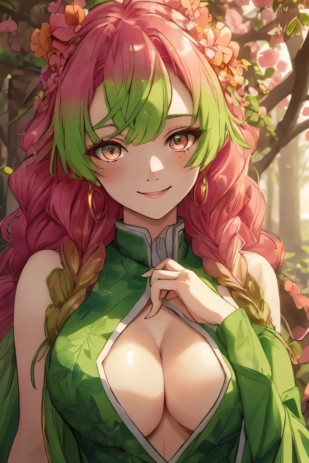 anime-style Plant Girl with a Vibrant Green Skin, Pink Hair cascading like blossoms, Leaves visibly adorning her body, Exuding an Extremely Sexy allure, Beautiful Character with captivating Red eyes, and a smile that could mesmerize a thousand hearts. This captivating artwork, a masterpiece in anime aesthetics, showcases high-definition details, from her anatomically correct features to the intricate patterns of leaves along her body. The red irises of her eyes, glowing with an otherworldly charm, add a touch of mystery to her enchanting smile. This beautiful character, bathed in a soft, cinematic light,