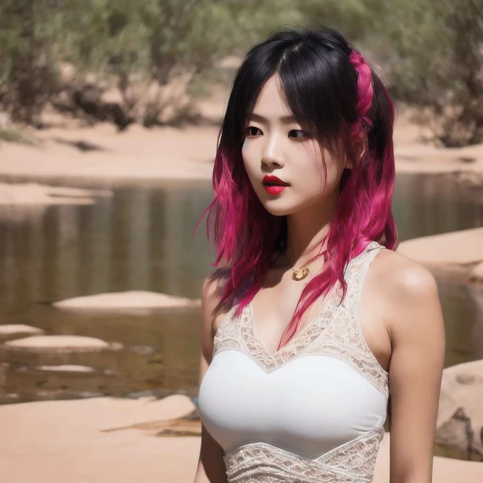 （（（1 Girl）））1 Girl
3d
bare shoulders
black eyes
black hair
blurry
blurry background
breasts
brown eyes
depth of field
leaning forward
lips
lipstick
looking at viewer
makeup
nose
outdoors
realistic
red lips
short hair
shorts
solo
tank top，(Desert Abyss)
1 Girl
bangs
White Lace shoulders
亚麻重棉刺绣丝绸
cleavage cutout
closed eyes
crescent
crescent facial mark
double bun
浅粉  Lace dress
facial mark
facing viewer
forehead mark
White Lace
﻿
飘逸 long hair
mini breasts
parted bangs
partially submerged
pink hair
red hair
solo
very long hair
wading
water