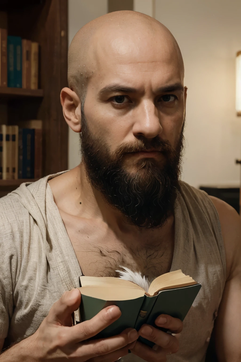 (best quality, 8K, 32k, masterpiece, UHD:1.2), 1 man, modern Socrates, bald head, beard, ancient Greek attire with a modern twist, holding a cup of coffee, philosophical books in the background, (thoughtful pose:1.2), detailed face, wise expression, looking at the viewer, designed as a thought-provoking logo