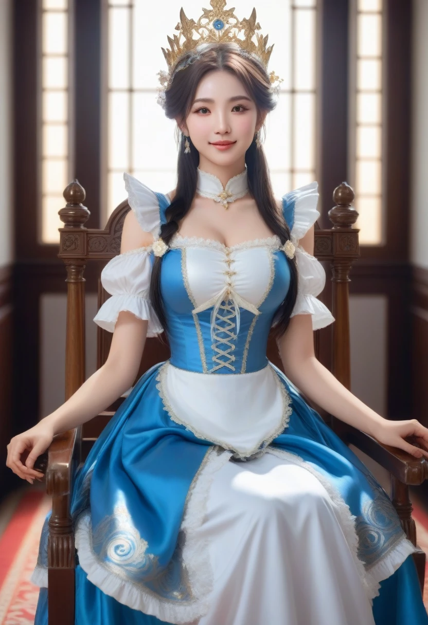 A beautiful woman, (Fairy Queen:1.4) Sitting on the throne,(neko maid outfit:1.8) , Perfect face, whole body, Victorian Era, Noble clothing, Exquisite decoration, spell, explain, Smile, put your arms behind your back, Soft edge light, Beautiful and detailed sky, masterpiece, Ultra-high resolution, high quality, 4k, (photorealistic:1.2), photo,