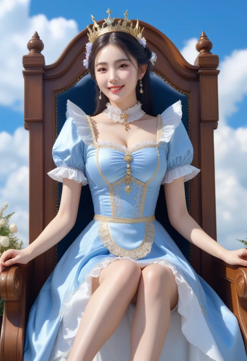 A beautiful woman, (Fairy Queen:1.4) Sitting on the throne,(neko maid outfit:1.8) , Perfect face, whole body, Victorian Era, Noble clothing, Exquisite decoration, spell, explain, Smile, put your arms behind your back, Soft edge light, Beautiful and detailed sky, masterpiece, Ultra-high resolution, high quality, 4k, (photorealistic:1.2), photo,
