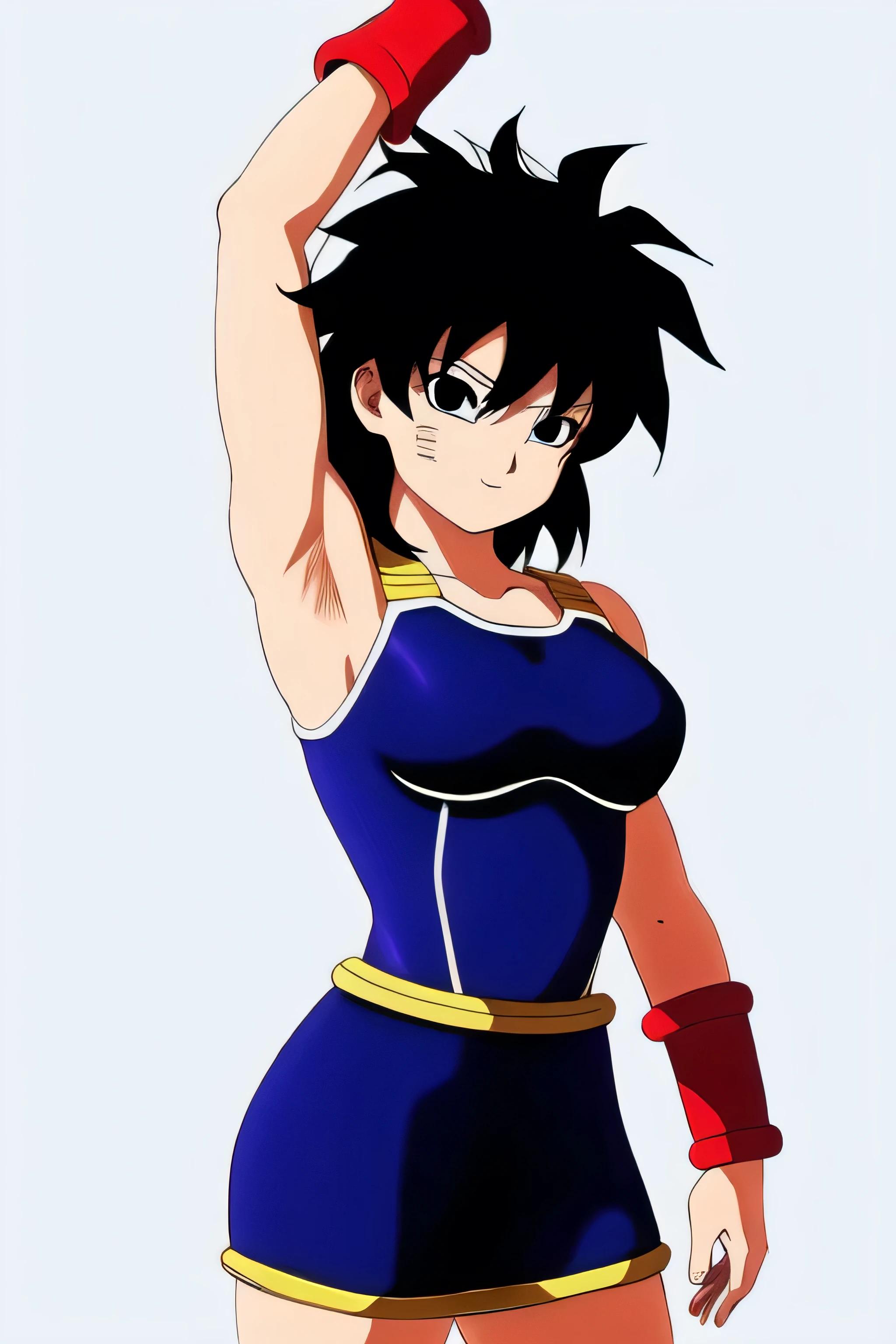 (Photo:1.3), highdetail, Gine, 1girl, solo, looking at viewer, smile, simple background, bare shoulders, closed mouth, collarbone, upper body, armor, hand on hip, bare arms, black background, wristband, arm at side, outline, saiyan armor, (acclaimed, alluring, captivating, exciting, gorgeous, striking:1.3), (trending on artstation:1.3),armpits,arms up,both arms raised,sweaty,sweat,sweaty armpit,awesome armpits,tired, exhausted 