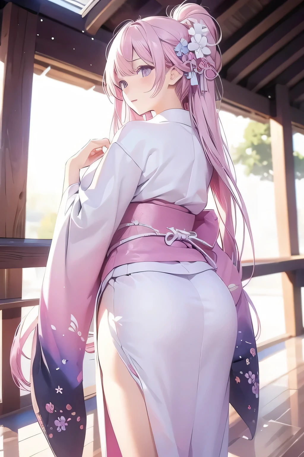 White long hair，Loose pink and purple kimono，Pink and white skirt，Big boobs，Back，Hips