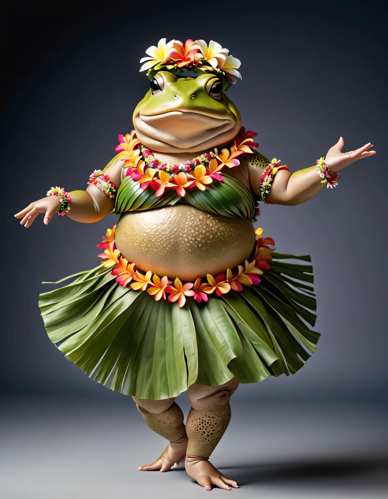 photorealistic portrait of Dressed animals - a ((fat)) toad hula dancer,(hula dancing:2.0), (hula dance pose :1.5),high quality,(lovely) ,intricate details,(natural toad skin texture), highly detailed ((female hula dance costume)) ,highly detailed decorations, wearing flower lei and (bikini), (happy), studio lighting,(full body image:1.5),simple background,(viewed from side:1.5)