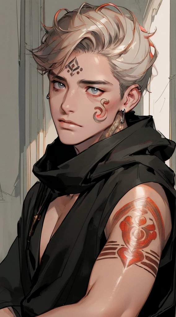 (((8K, RAW photos, Best quality, tmasterpiece: 1.4))), Ultra-high resolution, ultra - detailed, lamplight, Close-up cleavage, Handsome men, gold eyes, (Detailed eyes, The eyes are bright:1.2), Medium long red hair:1.2, pale-skinned, ear piercings, Dark, Blackn clothes, Meticulous clothes, gold accessories on clothes, (perfect anatomia:1.2), Highqualityshadow, natural lightting, (White highlights:1.2), natta, overcast day, (Facial tattoos:1.2), (starrysky:1.2)