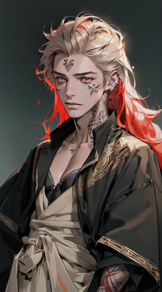 (((8K, RAW photos, Best quality, tmasterpiece: 1.4))), Ultra-high resolution, ultra - detailed, lamplight, Close-up cleavage, Handsome men, gold eyes, (Detailed eyes, The eyes are bright:1.2), Medium long red hair:1.2, pale-skinned, ear piercings, Dark, Blackn clothes, Meticulous clothes, gold accessories on clothes, (perfect anatomia:1.2), Highqualityshadow, natural lightting, (White highlights:1.2), natta, overcast day, (Facial tattoos:1.2), (starrysky:1.2)