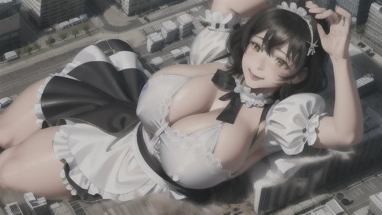 Maid, short hair, Black Hair, highest quality, One girl, smile, apron, Big Breasts, Mature Woman, mature, Sensual, Golden Eyes, Plump lips, huge breasts、Realistic、Perfect body line、、cute、Beautiful girl taller than a building、aerial photograph、aerial photograph、Sit in the building、smileで楽しく街を破壊する、 (A giant girl bigger than a skyscraper destroys the city of Shibuya:1.5)、cute Maid 寝そべる