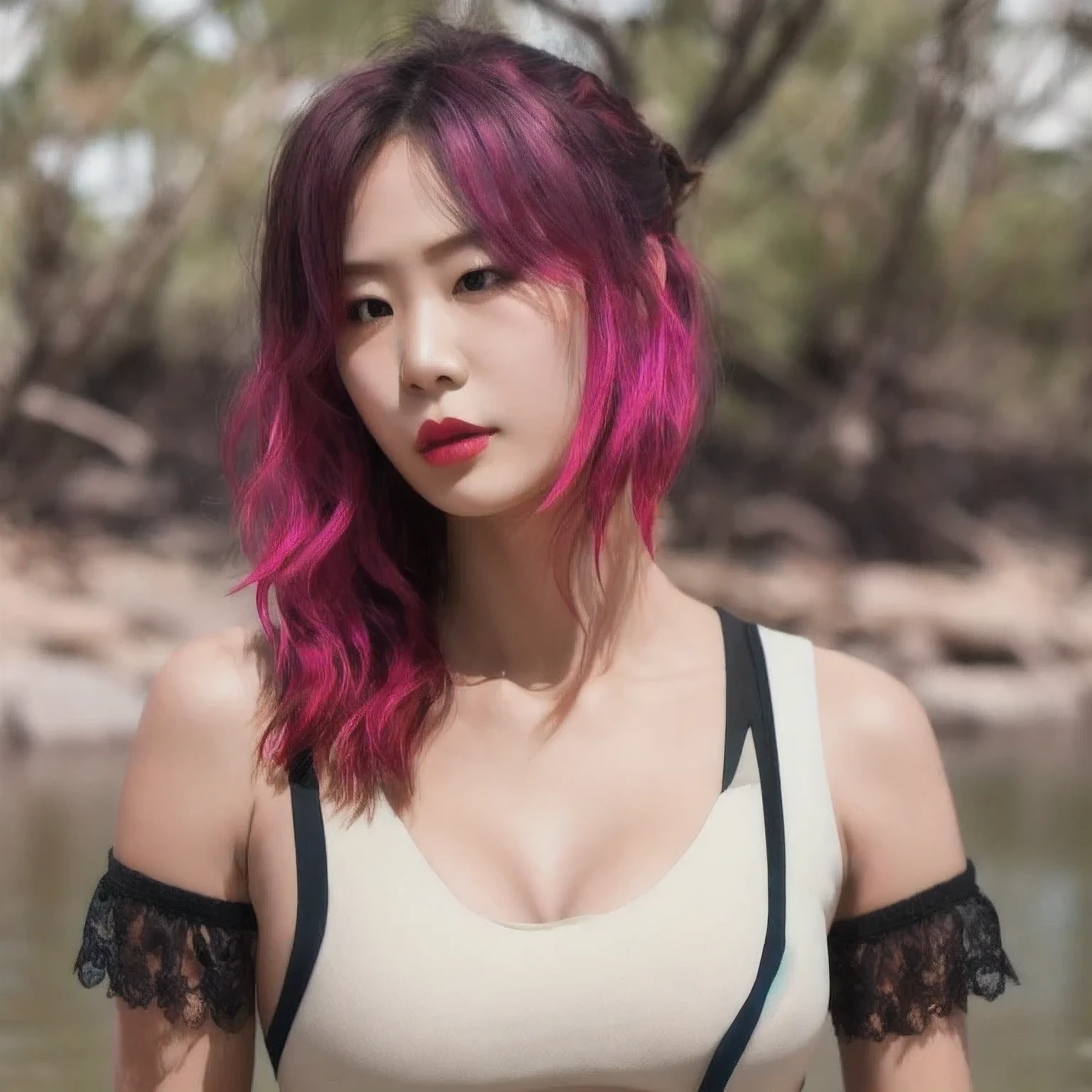 （（（1 Girl）））1 Girl
3d
bare shoulders
black eyes
black hair
blurry
blurry background
breasts
brown eyes
depth of field
leaning forward
lips
lipstick
looking at viewer
makeup
nose
outdoors
realistic
red lips
short hair
shorts
solo
tank top，(Desert Abyss)
1 Girl
bangs
White Lace shoulders
亚麻重棉刺绣丝绸
cleavage cutout
closed eyes
crescent
crescent facial mark
double bun
浅粉  Lace dress
facial mark
facing viewer
forehead mark
White Lace
﻿
飘逸 long hair
mini breasts
parted bangs
partially submerged
pink hair
red hair
solo
very long hair
wading
water