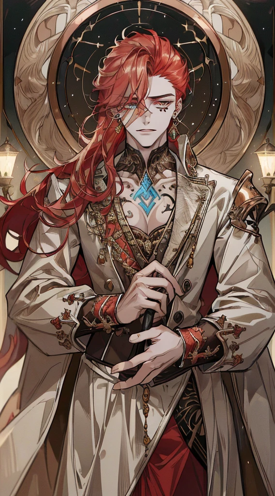 (((8K, RAW photos, Best quality, tmasterpiece: 1.4))), Ultra-high resolution, ultra - detailed, lamplight, Close-up cleavage, Handsome men, gold eyes, (Detailed eyes, The eyes are bright:1.2), Medium long red hair:1.2, pale-skinned, ear piercings, Dark, Blackn clothes, Meticulous clothes, gold accessories on clothes, (perfect anatomia:1.2), Highqualityshadow, natural lightting, (White highlights:1.2), natta, overcast day, (Facial tattoos:1.2), (starrysky:1.2)