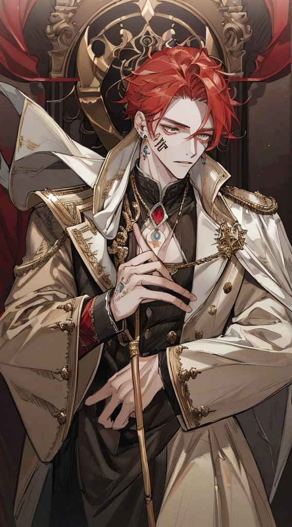 (((8K, RAW photos, Best quality, tmasterpiece: 1.4))), Ultra-high resolution, ultra - detailed, lamplight, Close-up cleavage, Handsome men, gold eyes, (Detailed eyes, The eyes are bright:1.2), Medium long red hair:1.2, pale-skinned, ear piercings, Dark, Blackn clothes, Meticulous clothes, gold accessories on clothes, (perfect anatomia:1.2), Highqualityshadow, natural lightting, (White highlights:1.2), natta, overcast day, (Facial tattoos:1.2), (starrysky:1.2)