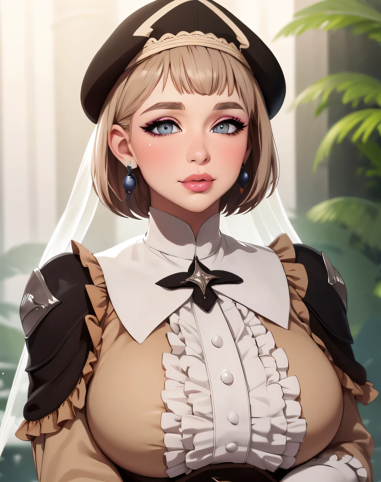 warMercedes, beret, veil, see-through, short hair, blue ascot, long frilled dress, (masterpiece, best quality, ultra-detailed), realistic style, very close up shot 2.0, garden 2.0, looking at viewer 2.0, blushing, face shot 2.0, perfect eyes, cute nose, very sexy smile 2.0, very luscious lips 2.0, face shot 2.0, very heavy eyeshadow 2.0, very heavy makeup 2.0, round face, very thick lips 2.0, very glossy lips 2.0, very pouty lips 2.0, shiny skin, lustrous skin 2.0, plump lips 2.0, face shot 2.0, incredibly pretty 2.0, incredibly beautiful 2.0, very gentle 2.0, very elegant 2.0, earrings, face shot 2.0, very close up shot 2.0, very curvy 2.0, supermodel face 2.0, very sexy 2.0, face shot 2.0, very heavy eyeshadow 2.0, very heavy makeup 2.0, round face, very thick lips 2.0, very glossy lips 2.0, very pouty lips 2.0, shiny skin, lustrous skin 2.0, plump lips 2.0, face shot 2.0, incredibly pretty 2.0, incredibly beautiful 2.0, very gentle 2.0, very elegant 2.0, face shot 2.0, very close up shot 2.0, very curvy 2.0, supermodel face 2.0, very sexy 2.0, face shot 2.0, very heavy eyeshadow 2.0, very heavy makeup 2.0, round face, very thick lips 2.0, very glossy lips 2.0, very pouty lips 2.0, shiny skin, lustrous skin 2.0, plump lips 2.0, face shot 2.0, incredibly pretty 2.0, incredibly beautiful 2.0, very gentle 2.0, very elegant 2.0, very mature woman 2.0