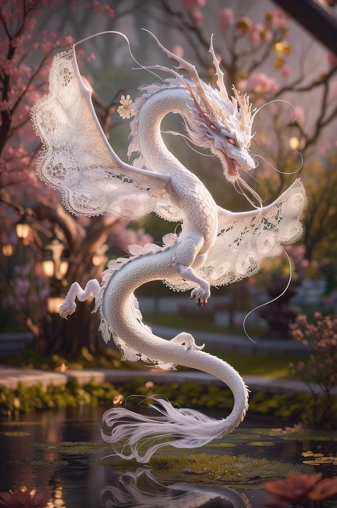 A stunning 3D high definition render of a delicate white lace Chinese dragon, twisting and turning in mid-air. The intricate lace design of the dragon showcases its wings, body, and tail, which are adorned with flowers and vines. The background features a serene garden with blooming flowers and a pond, reflecting the beauty of the dragon. The overall ambiance of the image is ethereal and enchanting, with a touch of elegance., 3d render