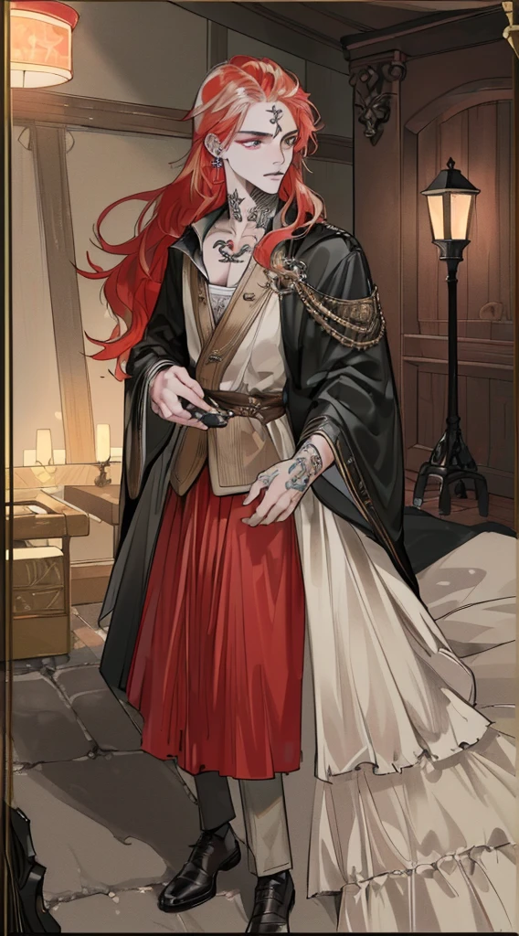 (((8K, RAW photos, Best quality, tmasterpiece: 1.4))), Ultra-high resolution, ultra - detailed, lamplight, Close-up cleavage, Handsome men, gold eyes, (Detailed eyes, The eyes are bright:1.2), Medium long red hair:1.2, pale-skinned, ear piercings, Dark, Blackn clothes, Meticulous clothes, gold accessories on clothes, (perfect anatomia:1.2), Highqualityshadow, natural  lightting, (White highlights:1.2), natta, overcast day, (Facial tattoos:1.2), (starrysky:1.2)