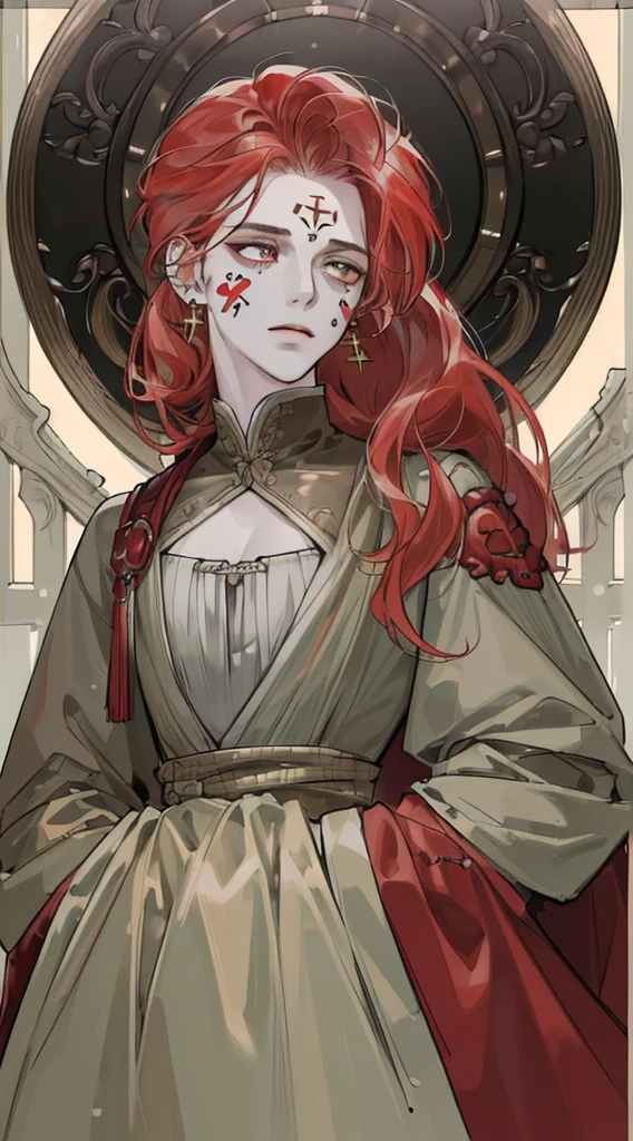(((8K, RAW photos, Best quality, tmasterpiece: 1.4))), Ultra-high resolution, ultra - detailed, lamplight, Close-up cleavage, Handsome men, gold eyes, (Detailed eyes, The eyes are bright:1.2), Medium long red hair:1.2, pale-skinned, ear piercings, Dark, Blackn clothes, Meticulous clothes, gold accessories on clothes, (perfect anatomia:1.2), Highqualityshadow, natural  lightting, (White highlights:1.2), natta, overcast day, (Facial tattoos:1.2), (starrysky:1.2)