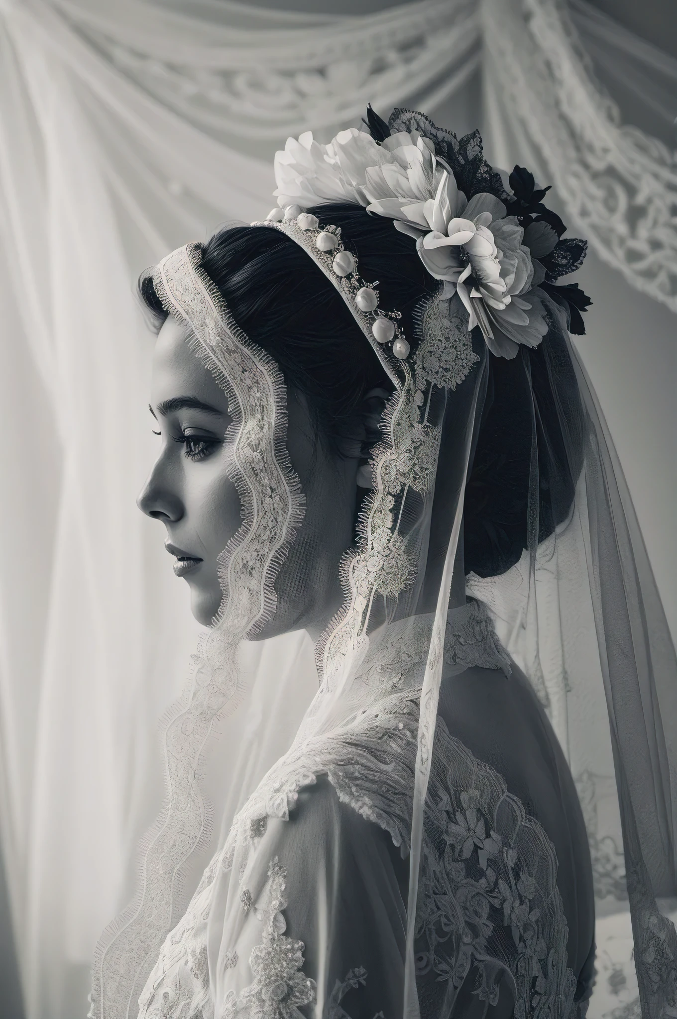 A stunning black and white editorial photo of a traditional western bride's profile and back of the head. She is wearing a beautiful white lace veil that elegantly covers her hair, with intricate lace details and a delicate floral headpiece. The veil is held in place by a delicate lace headband adorned with pearls. The background is soft and ethereal, with a soft focus and subtle lighting that draws attention to the bride's exquisite attire., photo