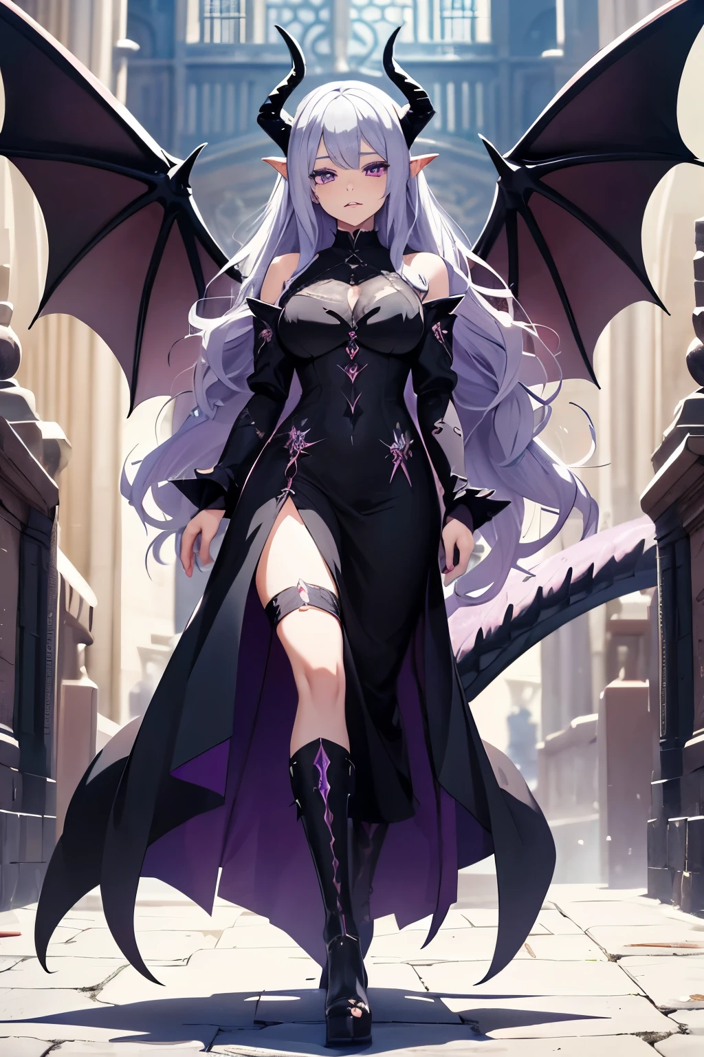 draconic woman with horns and a black dress, medieval, dragon, beautiful elegant dragon queen, gothic maiden anime girl, dragon girl, anime monster girl, long wavy silver hair long side bangs, purple eyes, LARGE dragon wings, long dragon tail, modest dress, no bangs, cute medieval style dress with ragged bottom