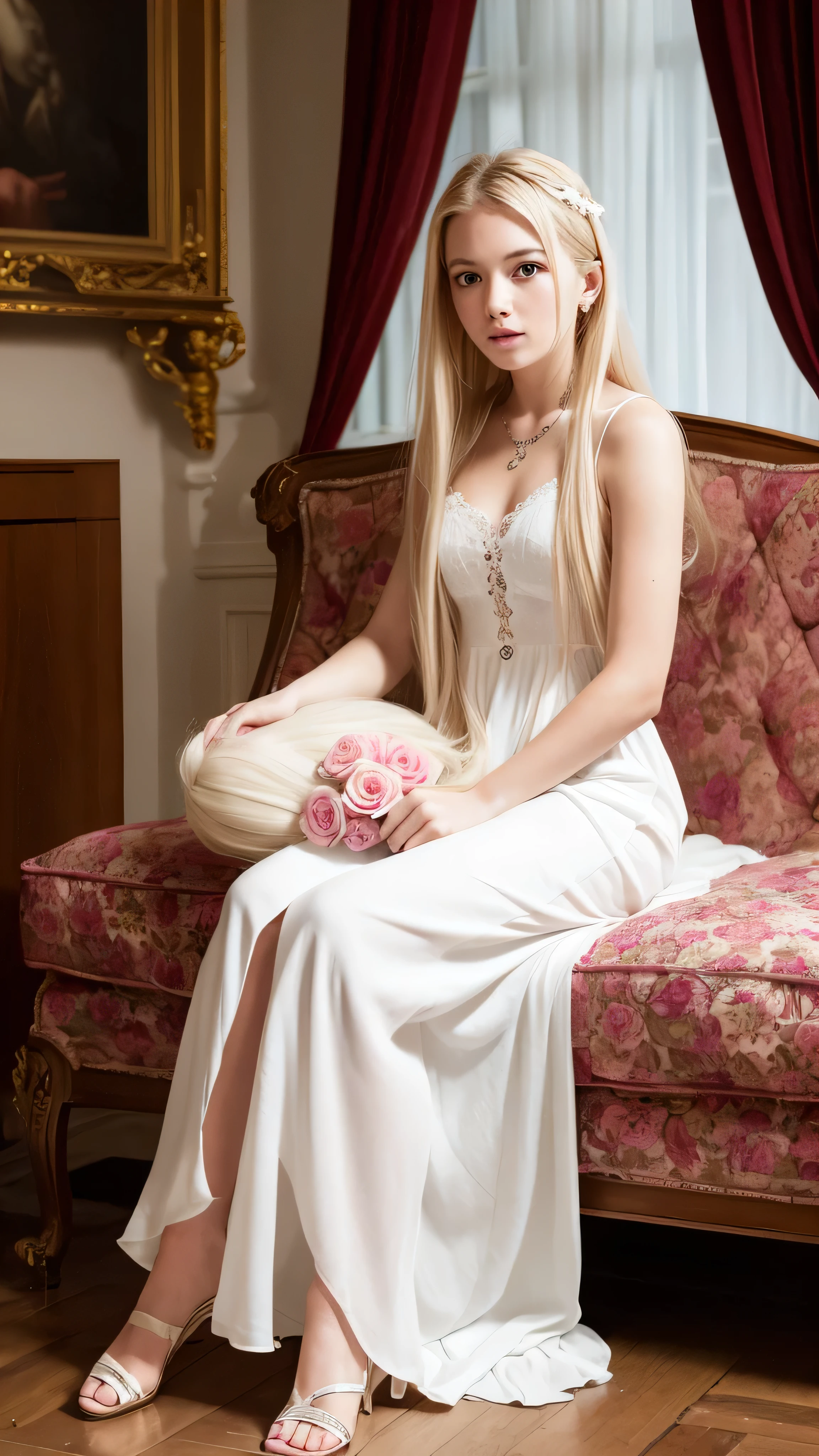 In European style room,A long blond hair,A 17-year-old girl in a white dress sits on a cradle,Smell a pink rose in your hand