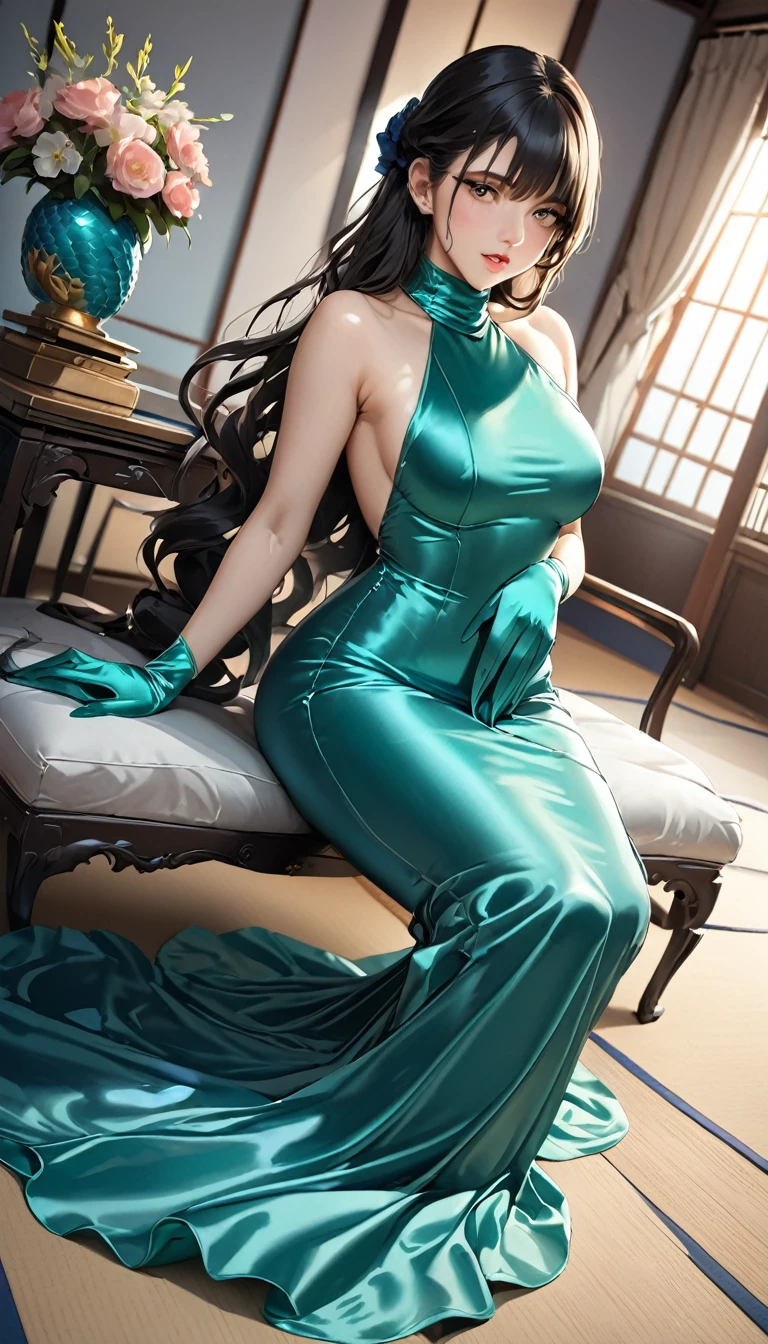 (masterpiece,highest quality,超A high resolution),Japanese women, (((Very beautiful 25 year old girl))),((A mermaid-style high-neck long dress made of satin))、Long satin gloves、The satin has a very strong shine