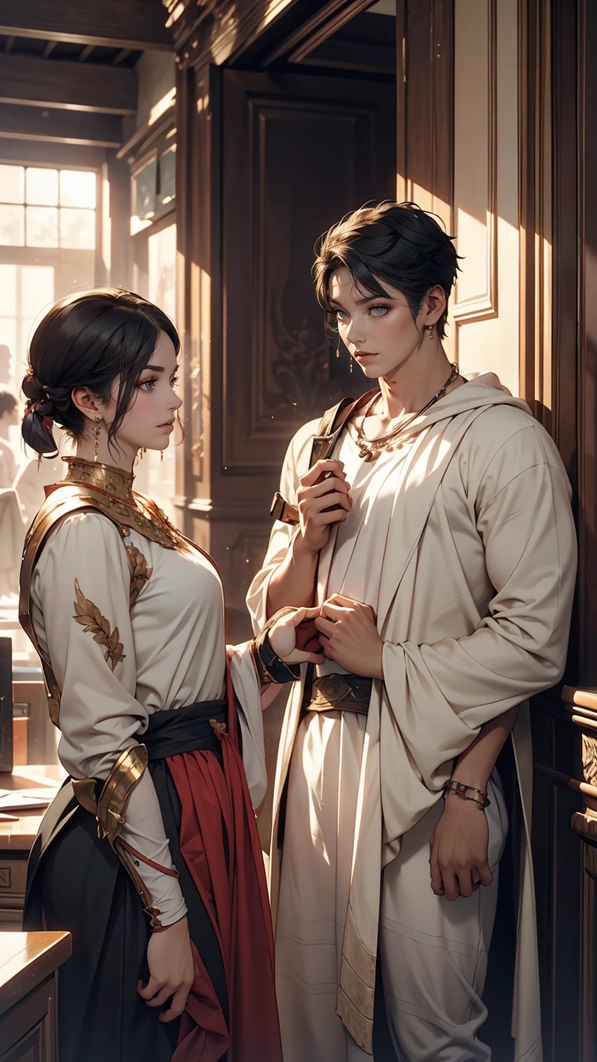 Please show me this young man talking to three girls.,元のimageの質感と外観と同じスタイルを維持する, A feel of ancient Greek past, Works similar to Alma-Tadema's artistic style. image, Realistic visual expression, Avoids references to modern technology. Instead, The scene is depicted like a classical painting., Without a Canon EOS 5D Mark IV camera