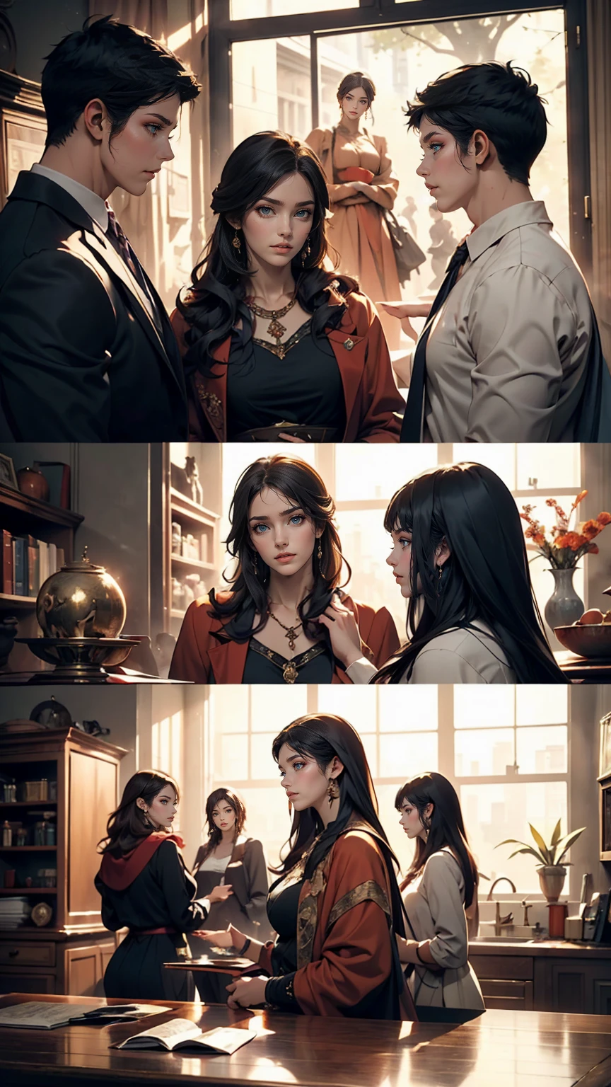 Please show me this young man talking to three girls.,元のimageの質感と外観と同じスタイルを維持する, A feel of ancient Greek past, Works similar to Alma-Tadema's artistic style. image, Realistic visual expression, Avoids references to modern technology. Instead, The scene is depicted like a classical painting., Without a Canon EOS 5D Mark IV camera