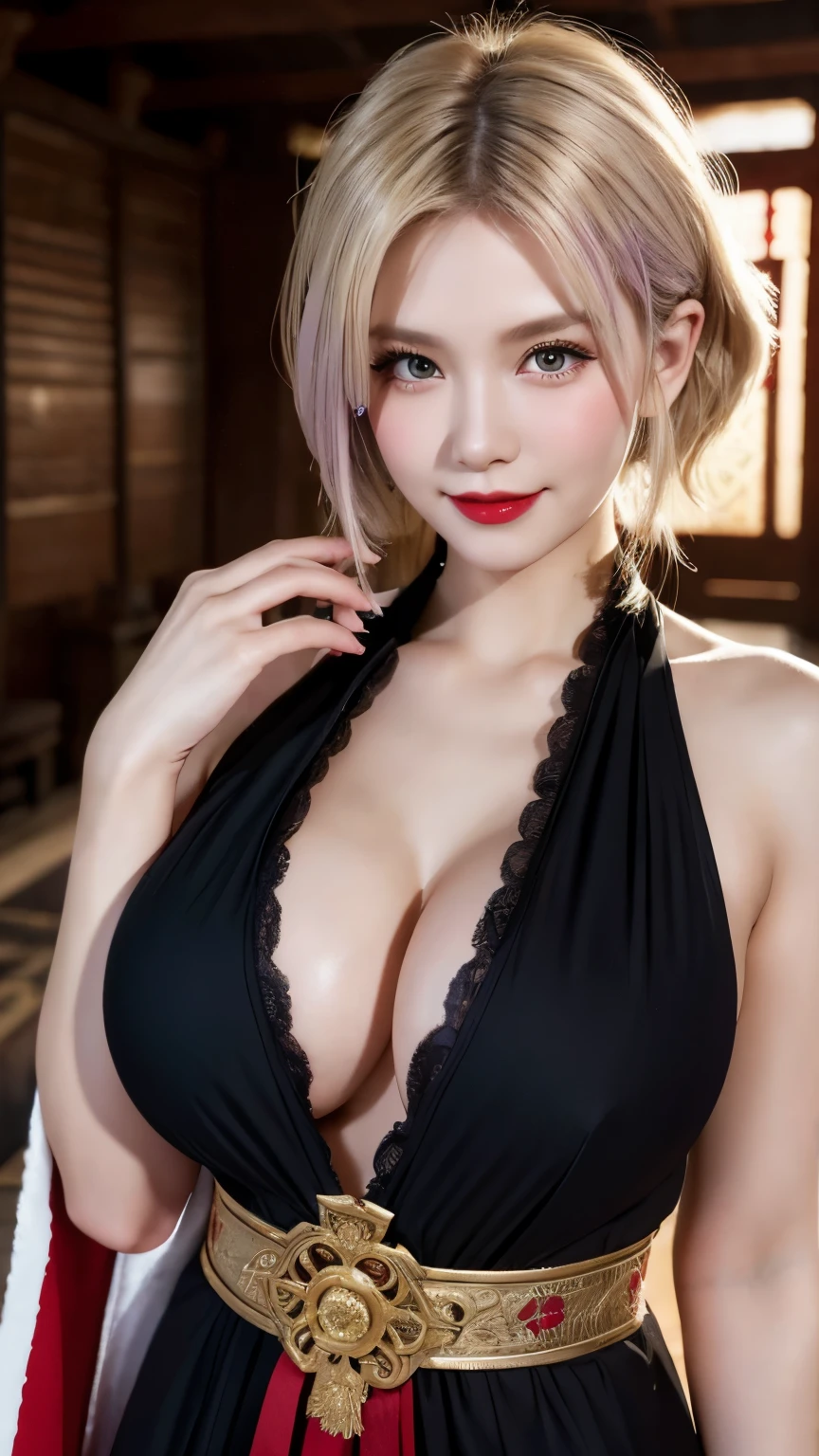 (Hyper Real), ancient shrine maiden, female shaman, giant beauty, safe, high resolution, real short hair, blonde, blonde woman, skin texture details, super high resolution, realistic, plump figure, smile, beautiful expression, small purple hair Airy long blonde hair, divine spirit, very delicate and detailed skin texture, (ancient luxury luxury temple), ancient priestess, big cleavage, plunging neckline, big red lips , (luxurious black costume and luxurious accessories)