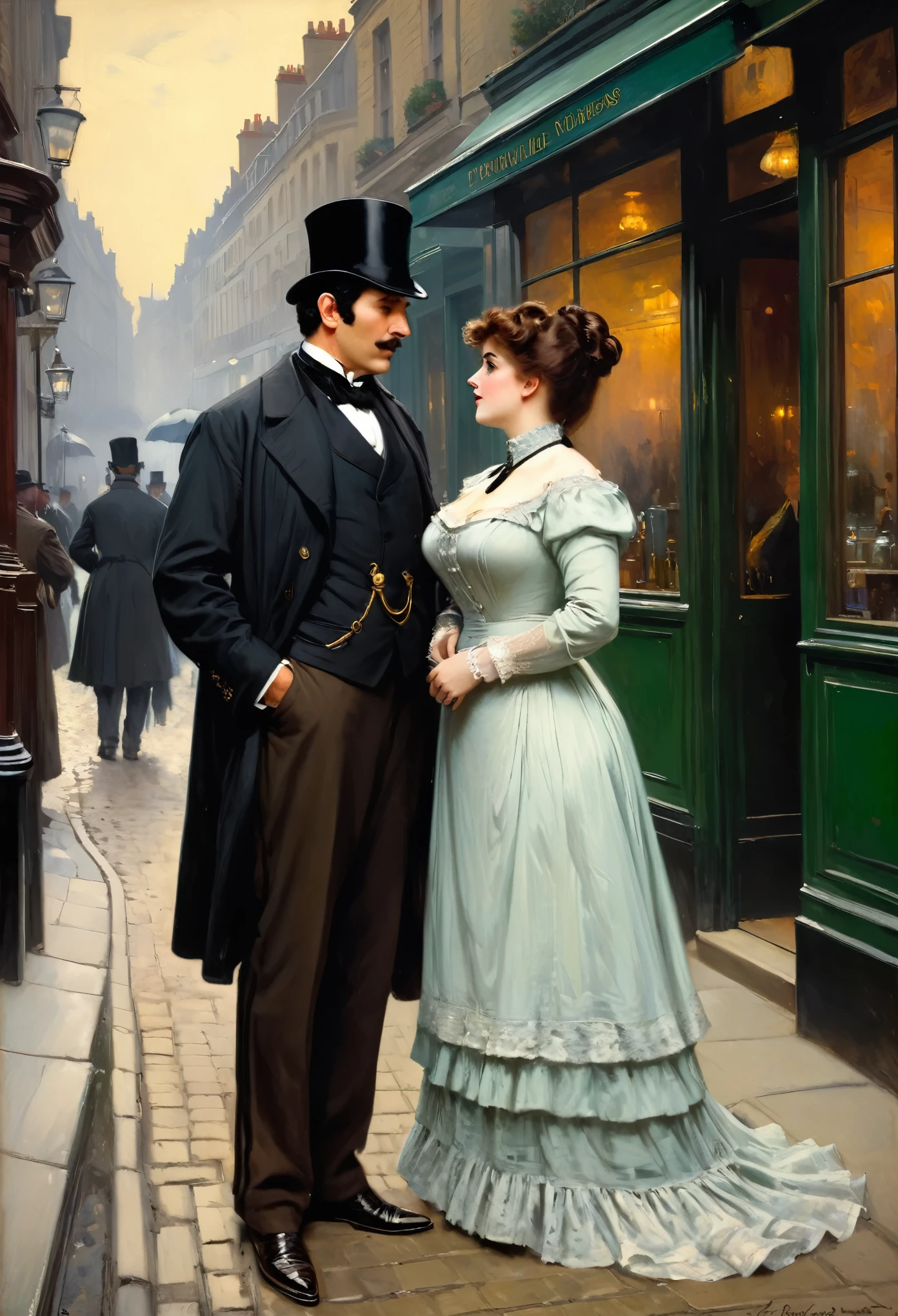 Full body shot of a Victorian Scene, sherlock holmes and a plump voluptuous buxom pretty Victorian widow having  flirt standing face to face in Baker street,
by Jean Béraud, inspired by Jean Béraud, inspired by Édouard Detaille, edouard leon cortes, inspired by Ivan Kramskoi, inspired by Jean-Louis-Ernest Meissonier, by Édouard Detaille, inspired by Paul Émile Chabas