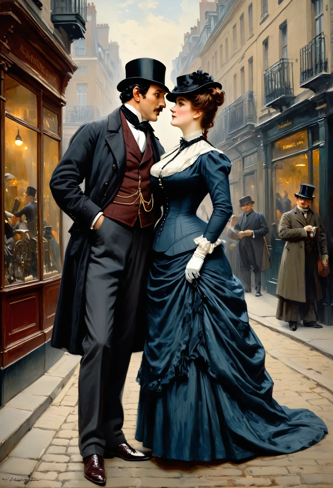 Full body shot of a Victorian Scene, sherlock holmes and a plump voluptuous buxom pretty Victorian widow having flirt standing face to face in Baker street,
by Jean Béraud, inspired by Jean Béraud, inspired by Édouard Detaille, edouard leon cortes, inspired by Ivan Kramskoi, inspired by Jean-Louis-Ernest Meissonier, by Édouard Detaille, inspired by Paul Émile Chabas