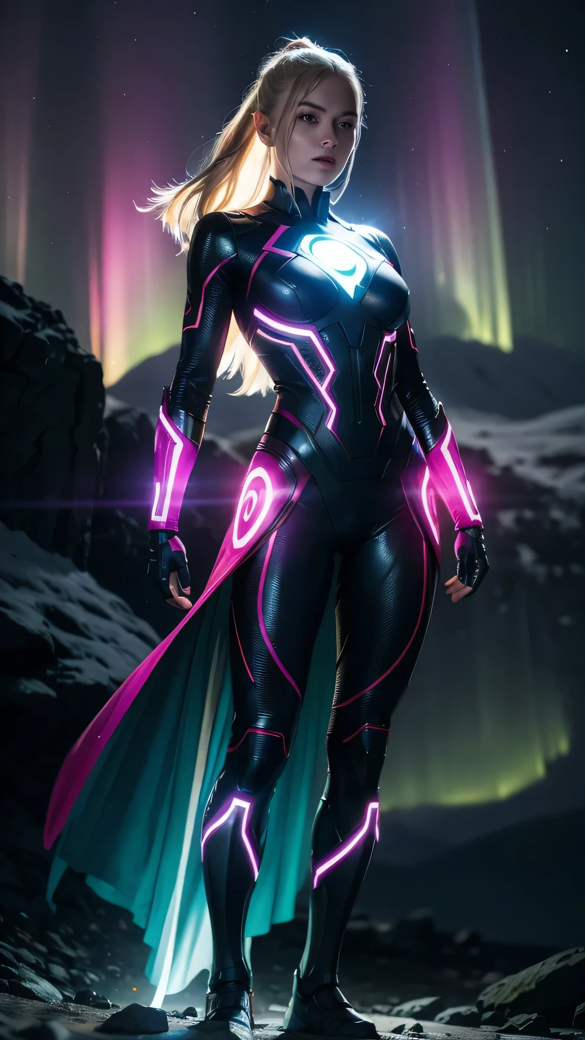 Aurora aksnes as a superhero, bright colourful lights, intense colour, glow, full.body