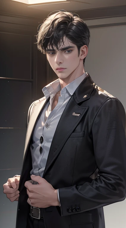 (best quality, masterpiece, 8 thousand, realistic, cinematic lighting, 1:4 HDR images, very detailed, beautiful photoature man, very handsome, ((cold expression)), black short hair, black eye, A perfect face without any mistakes, ((Buttoning my jacket, chief executive))