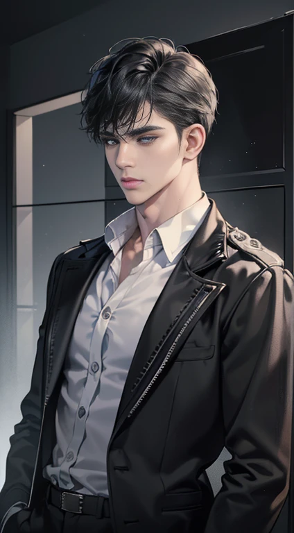 (best quality, masterpiece, 8 thousand, realistic, cinematic lighting, 1:4 HDR images, very detailed, beautiful photoature man, very handsome, ((cold expression)), black short hair, black eye, A perfect face without any mistakes, ((Buttoning my jacket, chief executive))