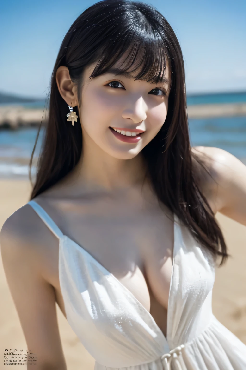 1 girl, (Wear a clean white summer dress:1.2), Very beautiful Japanese idol portraits, 
(RAW Photos, highest quality), (Realistic, Realistic:1.4), (masterpiece), 
Very delicate and beautiful, Very detailed, 2k wallpaper, wonderful, finely, Very detailed CG Unity 8K wallpaper, Very detailed, High resolution, Soft Light, 
Beautiful detailed girl, Very detailed目と顔, Beautiful and sophisticated nose, Finely beautiful eyes, Cinema Lighting, 
(Fashion magazine photography:1.3), (Afternoon seaside), (Summer Light),
(Semi-long hair), (Delicate shine in hair),
Complete Anatomy, Slender body, Small breasts, (smile), Cowboy Shot