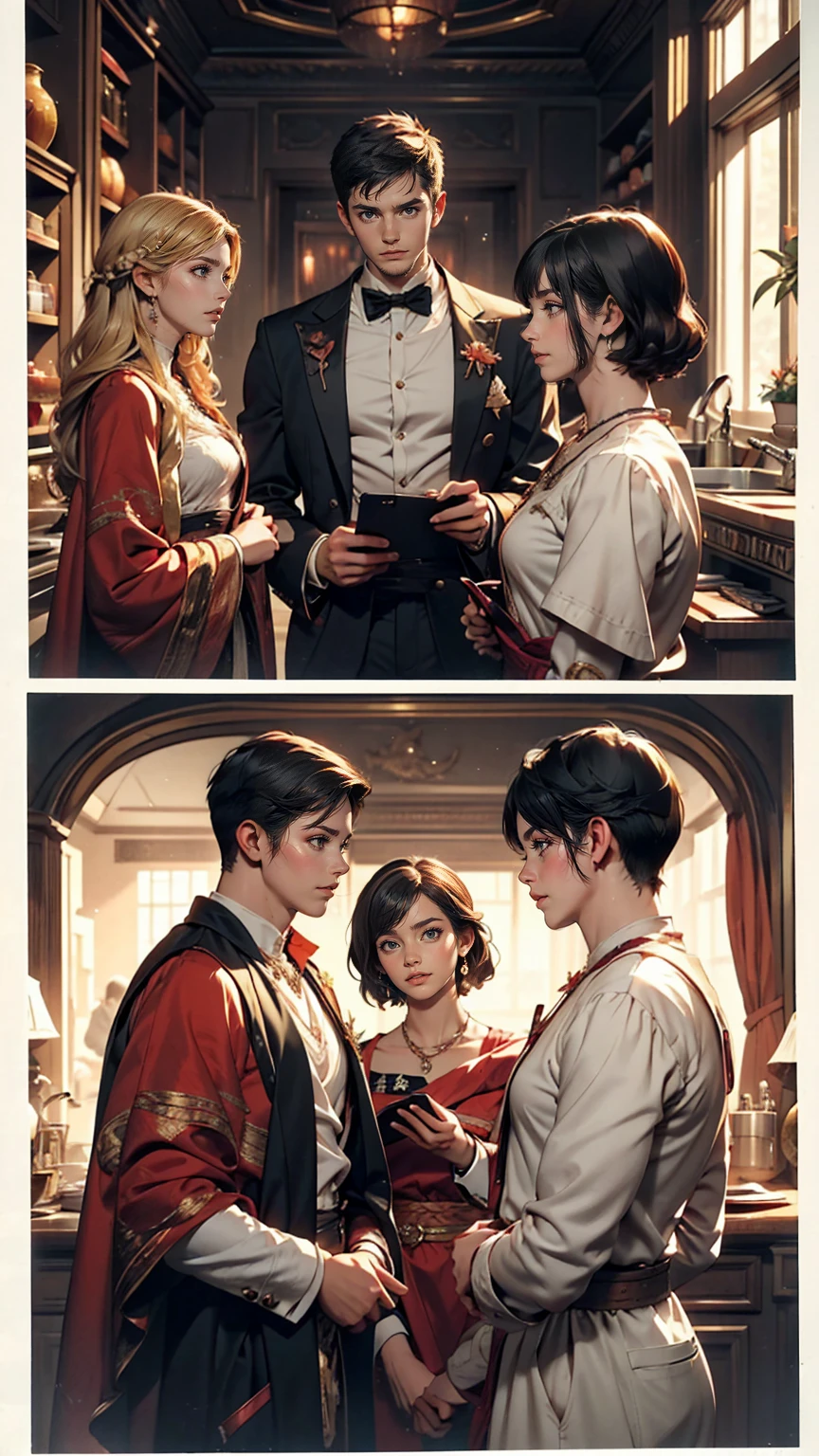 Please show me this young man talking to three girls.,元のimageの質感と外観と同じスタイルを維持する, A feel of ancient Greek past, Works similar to Alma-Tadema's artistic style. image, Realistic visual expression, Avoids references to modern technology. Instead, The scene is depicted like a classical painting., Without a Canon EOS 5D Mark IV camera