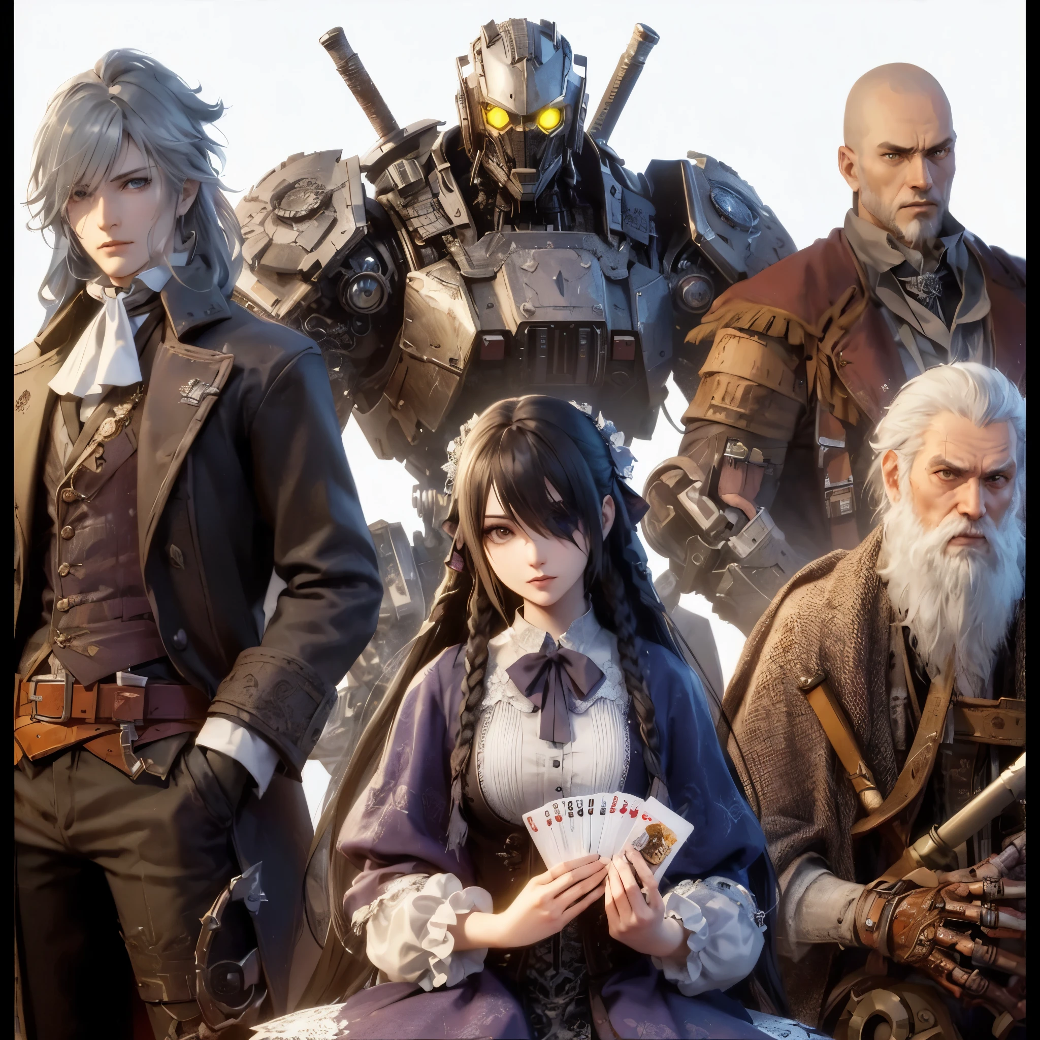 a group of people standing next to each other with a robot in the background, game characters, highly detailed characters, game cg, style game square enix, front cover of a new video game, from ncsoft, final fantasy 14 style, anime in fantasy style, steampunk fantasy style, detailed characters, set in a steampunk world, akihiko yoshida. unreal engine