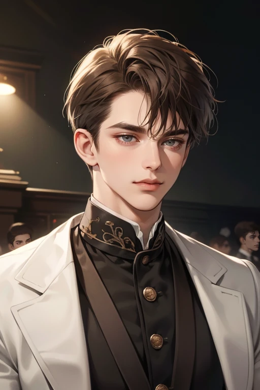 masterpiece, best quality, realistic, 1man, mature male, quiet and charming young man, 25 years old, close his eyes, extremely detailed face, ((dark grey eyes)), ((short-right-swept dark brown hair)), [thick eyebrows], prince, cinematic lighting, looking at the audience, posture dynamics, Victorian era, smirk