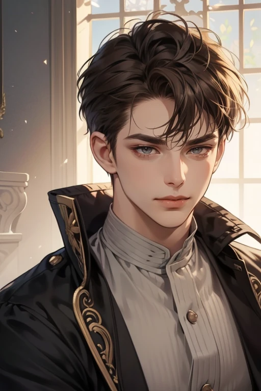 masterpiece, best quality, realistic, 1man, mature male, quiet and charming young man, 25 years old, close his eyes, extremely detailed face, ((dark grey eyes)), ((short-right-swept dark brown hair)), [thick eyebrows], prince, cinematic lighting, looking at the audience, posture dynamics, Victorian era, smirk