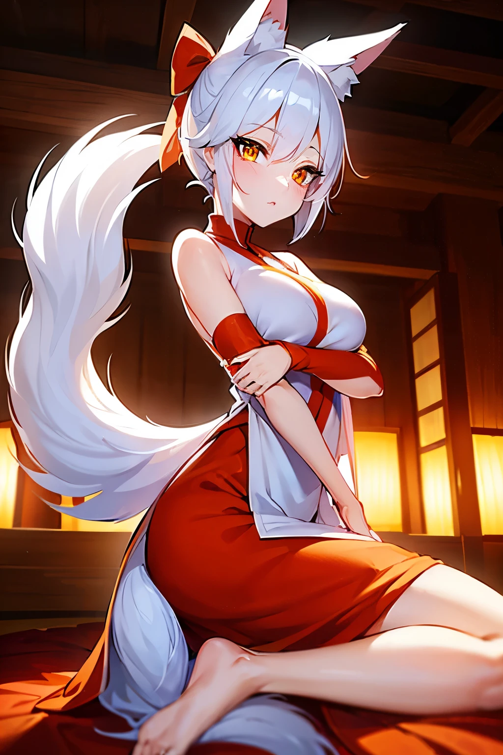 Spirit fox, sexy, bright eyes, white hair, fox ears, loom at viewer, beatifull girl, seductive gaze, sexy pose, orange eyes, fox eyes, eyeliner, japanese clothing, perfect girl, bauty girl, sexy girl, good body.