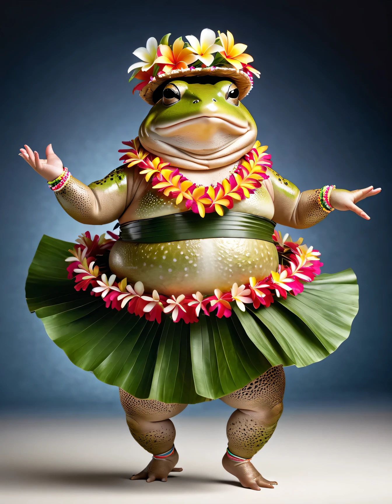 photorealistic portrait of Dressed animals - a ((fat)) toad hula dancer,(hula dancing:2.0), (hula dance pose :1.5),high quality,(lovely) ,intricate details,(natural toad skin texture), highly detailed ((female hula dance costume)) ,highly detailed decorations, wearing flower lei and (bikini), (happy), studio lighting,(full body image:1.5),simple background,(