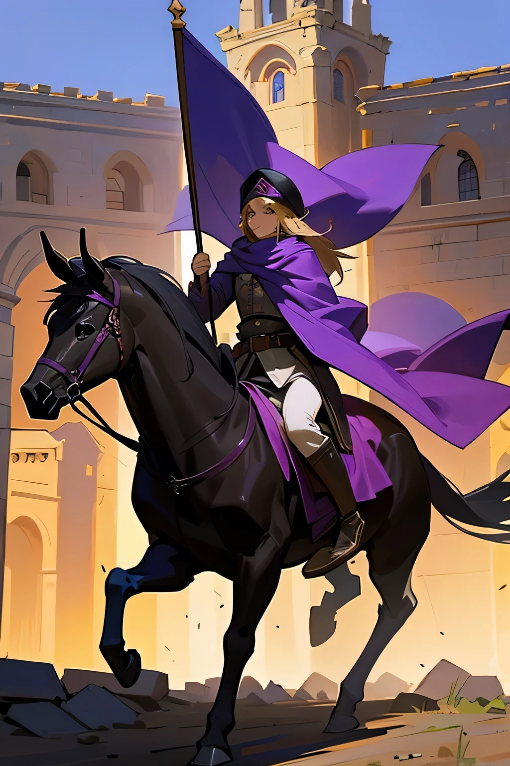 byzantine army marching through city, purple and black army, medieval army, crusaders on horseback