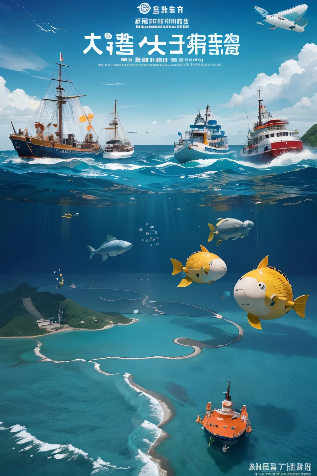 Design a promotional poster,對象是幼稚園of家長及幼稚園學生,The theme is「Ocean Adventures」(ocean adventures),This activity is about creative education(steam ed)of,Poster style is animation、cartoon style,Bright colors,Attract kindergarten students