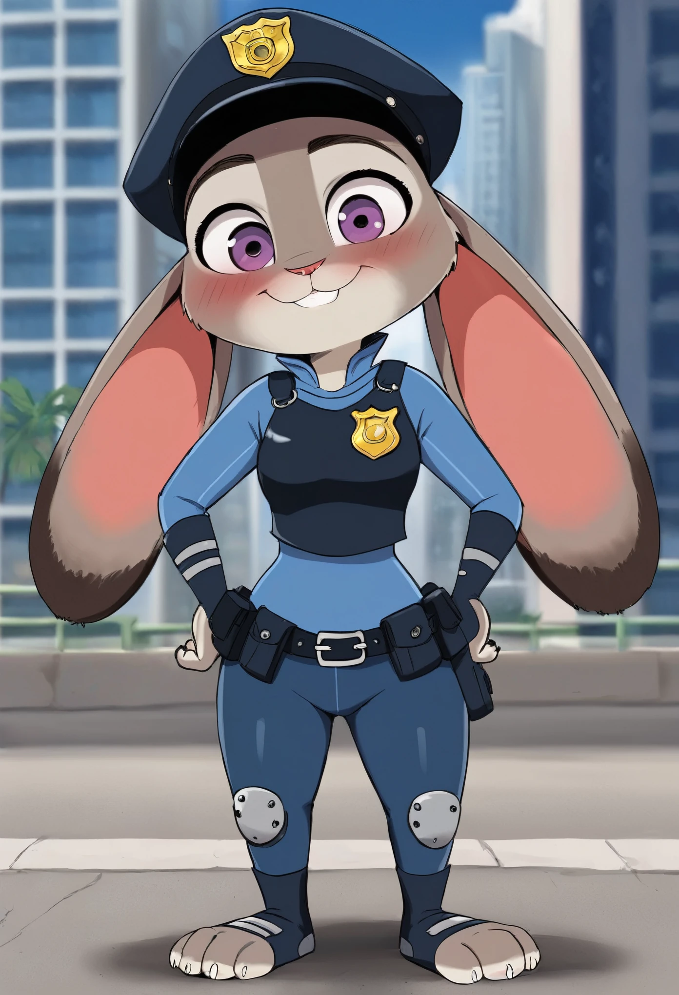 best quality, masterpiece, solo, 1girl, JudyHopps, police uniform,City, modern city, no pants, kid judy