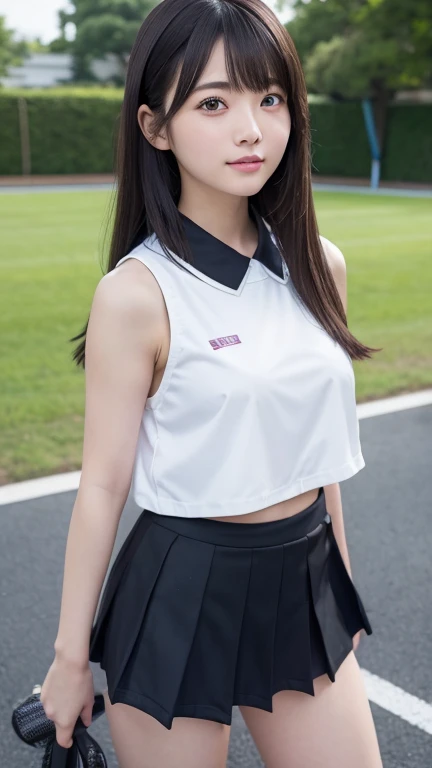 8K、Detailed Description、Very high definition、Realistic、reality的、Real、live-action、reality、High resolution、Nogizaka46、japanese idol,beautiful girl、21 years old、White sleeveless lacrosse uniform、Knee-up-top angle of view、Mouth closed、Lacrosse court、sunny、Strong winds、Straight Long Hair、Headband、Very black hair、Pastel yellow flared mini skirt、Her skirt is flipped up、Hair blowing in the wind、pretty girl、Beauty、Large Breasts、Glowing Skin、Glowing Skin、Shiny Hair、Very white skin、Heavy makeup、Embarrassed、Shyly、Slit eyes、Big Eyes、Double eyelids、Smile without showing your teeth、Arms folded behind back、clear、Looking up、Peeking into this